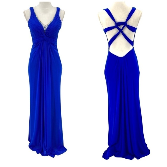 La Femme Ruched Knot Twist Illusion Embellished V-Neck Strappy Back Gown Size 0